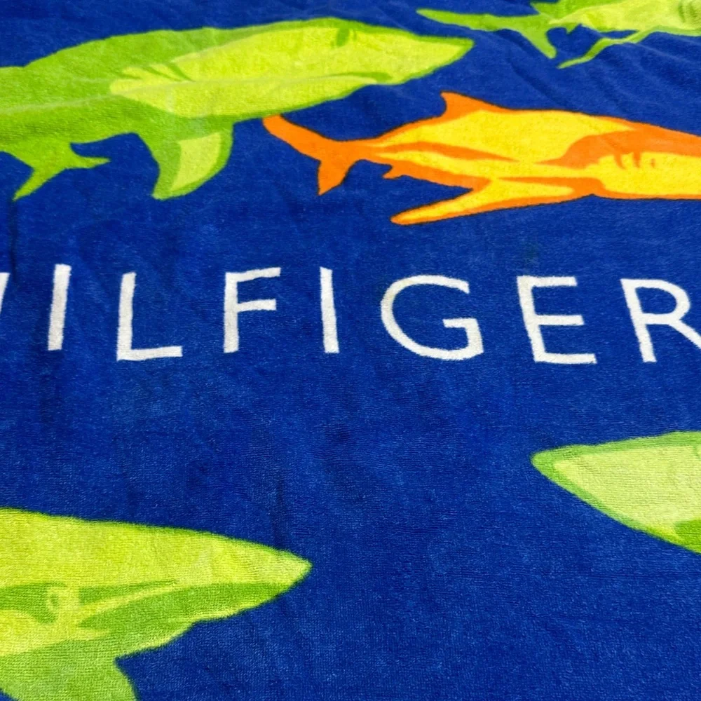 Tommy Hilfiger Blue Towel with Colorful Orange & Green Sharks 34”x 66”